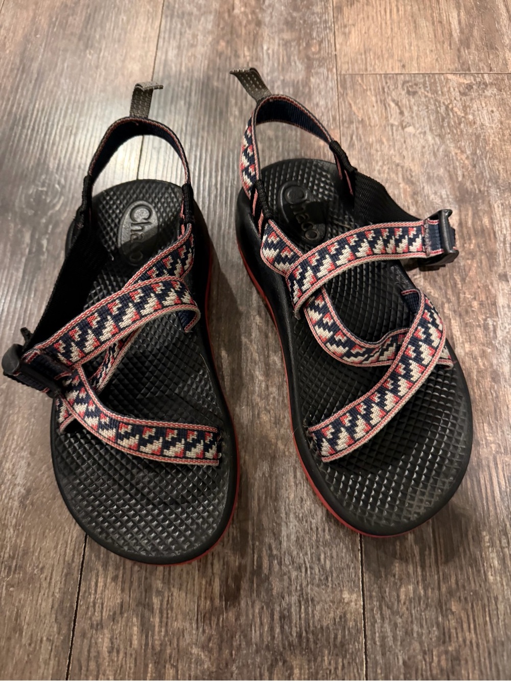 Chaco Black Sandals with Navy, Red, and Cream Patterned Straps